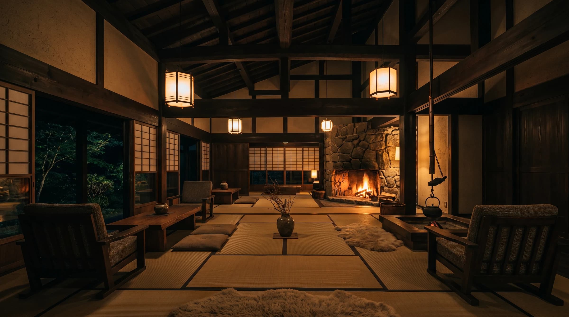 薪の火が灯る夜の広間